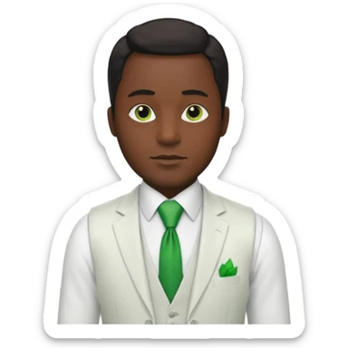 businessman, black skin, white suit vest, green tie sticker