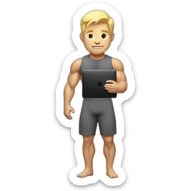 blonde, shorthair bodybuilder with macbook in his hand sticker