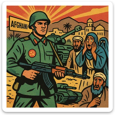 Soviet tanks with the communist party badge on the side invading Afghanistan in 1979. One Soviet soldier is standing with a machine gun. The background shows a middle eastern country with Afghan people in shock. There is a sign saying Afghanistan in the background sticker