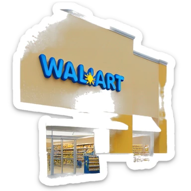“Walmart store with a simple, recognizable design, featuring the iconic sunburst logo, blue and yellow color scheme, and storefront details that convey a large retail environment.” sticker