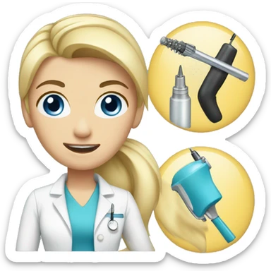 female dentist blond hair in a ponytail with blue eyes holding drill sticker