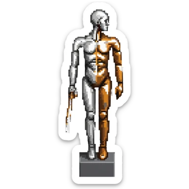 A paintbrush transforming into a silver metallic human silhouette sculpture with bronze accents, symbol of artistic identity sticker