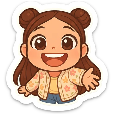 Create a chibi sticker of the girl from the reference image with a wide fish-eye smile close to the camera. She has brown straight hair styled in double buns, brown eyes, wearing a pastel floral cardigan and jeans. The sticker should have a white outline and a transparent background, sized 512x512px. sticker