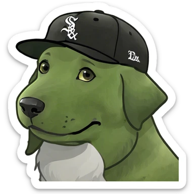 Golden retriever wearing a Chicago White Sox hat sticker