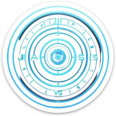 A circular blue holographic interface made of concentric rings, glowing tick marks, and data arcs, with the text “J.A.R.V.I.S.” centered, resembling a futuristic digital HUD floating in space. sticker