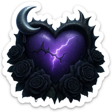 Add a glowing aura around the gothic heart, keeping the prominent black roses, deep purple glass, crescent moon dripping silver, subtle lightning, much more rain and thick mist, cracked glass glowing softly. The style should resemble 3D emoji style. Remove the background. sticker
