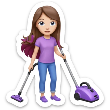 beautiful girl with long brown hair, blue eyes and wearing light purple clothes, cleaning and vacuuming sticker