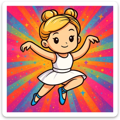 Add a vibrant, colorful background behind Dana Dawson in a dance pose, keep the original cartoon sticker style sticker
