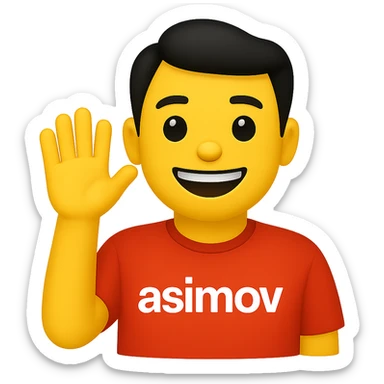 Convert the image of an office worker wearing a red 'asimov' t-shirt saying hello into a simple and expressive apple style emoji with a transparent background. Focus on capturing the essence of the office worker and the red 'asimov' t-shirt in the emoji style. sticker