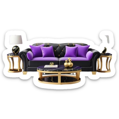 Luxurious black marble living room with gold and white accents and with a violet pillow  sticker