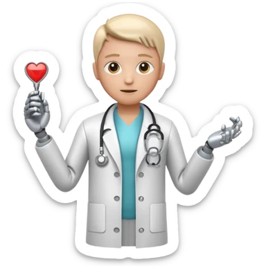 medical robot wearing a white coat and a stethoscope sticker