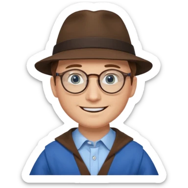 A man with sharp and thin face, brown round glasses, a brown hat and a brown costume (shoulders only), with blue eyes and a large smile on his face. sticker