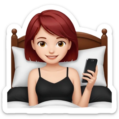 generate a pretty fair bratz girl with short dark red hair using her phone in bed, smiling . Wearing a black cami sticker