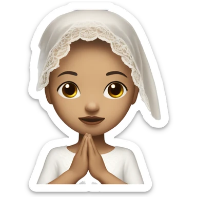 Light skin girl praying with eyes closed and lace white veil with brown boy sticker