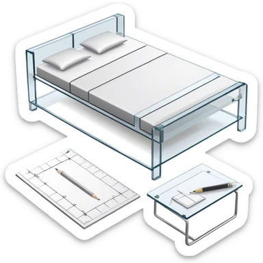 Icon for Furniture Design: a furniture drawing with 3D models of furniture pieces placed on top, accompanied by rulers and a pencil. The icon should represent the design process with focus on precision and modeling. Transparent background. sticker