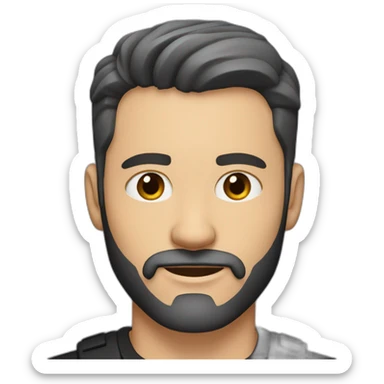 White man with slight tan, dark brown eyes and hair. He has beard stubble and mustache trimmed. Wears black clothing. His hair is an symmetrical undercut with side fade, styled sideways sticker