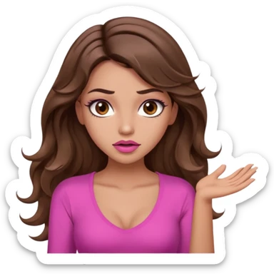 girl with long wavy brown hair, brown eyes, long lashes makeup, sexy pink lips, light to medium complexion, pink sexy top, shrugging with both hands, confused sticker