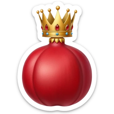 whole pomegranate with a round, red outer shell and a crown-like top sticker