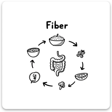 Hand-drawn doodle showing various fiber-rich foods like oats, beans, apples, berries, and broccoli with arrows pointing to a healthy intestine, with text showing 'Fiber' sticker