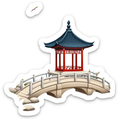 Suzhou garden with spring blossoms and pavilion by pond, simplified emoji style with bold outlines and bright colors, cartoon style traditional Chinese garden sticker