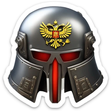 Astartes Warhammer 40K helmet with red lenses, featuring the Russian coat of arms. sticker