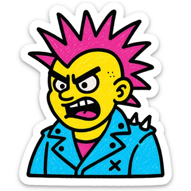punk musician with spiked hair, leather jacket, fierce expression sticker