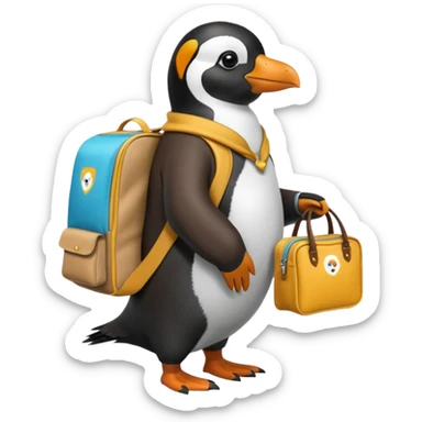 Una persona de apariencia peruana, vestida con ropa característica sin pelo montado a espaldas de un pingüino con una bolsa de la empresa de reparto glovo en la espalda sticker