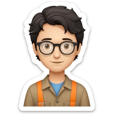 Young caucasian carpenter with black wavy hair, round glasses, brown work clothes with shirt underneath sticker