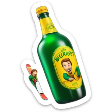 Man freestyle ski grinding over a giant green bottle of buckfast tonic wine with yellow label sticker