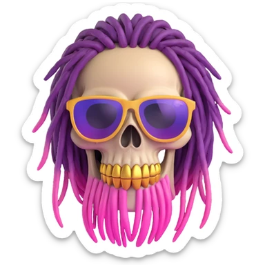 Add the provided sunglasses to the 3D cartoon skull with purple and pink ombre dreadlocks and gold teeth. Remove the tattoo on the forehead. Keep the original 3D cartoon skull style. No background. sticker