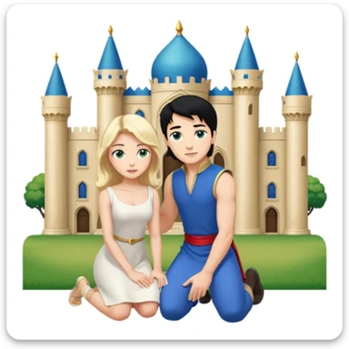 Man as prince, black Hair, blue eyes, woman, blonde, green eyes, shott white sleveless Dress, kneeling, background palace sticker
