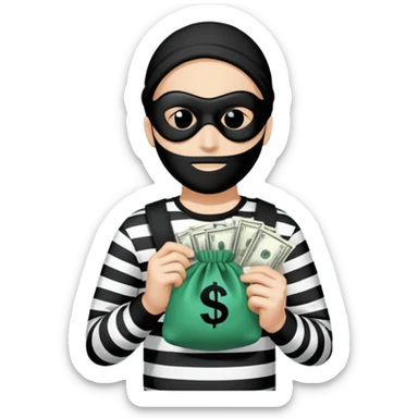 A minimalist digital illustration of a cartoon-style robber character. The robber is wearing a black mask over the eyes, a striped black-and-white shirt, and holding a small bag of money with a dollar sign on it. The background is plain and solid-colored, resembling the style of emojis. The overall design is clean, simple, and focused on bright, bold colors. sticker