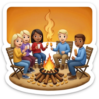 Born fire and people sitting beside born fire on chairs eating peanuts. Born fire is in the centre sticker