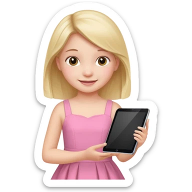 kid girl hold a tablet, pink dress sticker