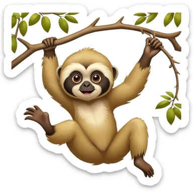 adorable lar gibbon, disney-style, swinging from a tree branch sticker
