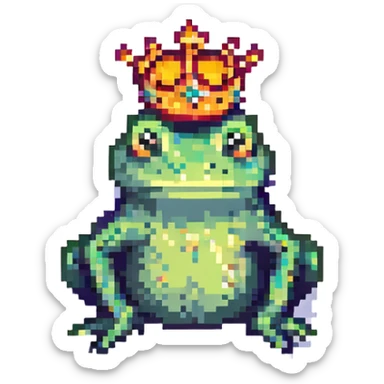 pixel art crowned frog, jumping with crown slightly tilted sticker