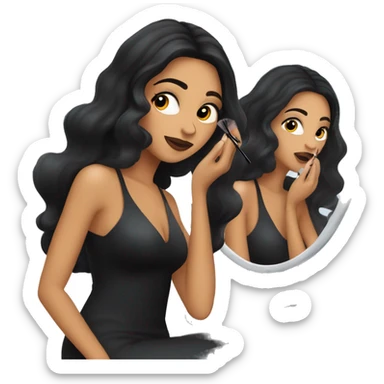 A long black haired woman wearing a skinny black shiny dress while applying makeup in front of a mirror. sticker
