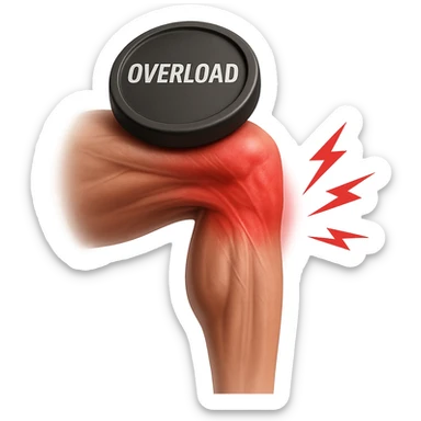 realistic human leg with overload represented by weight and pain symbols, tense muscles, red area, 3D effect, isolated on white background sticker