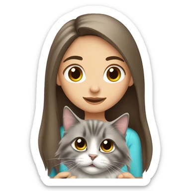 Brown straight hair girl with holding fluffy Siberian gray cat  sticker