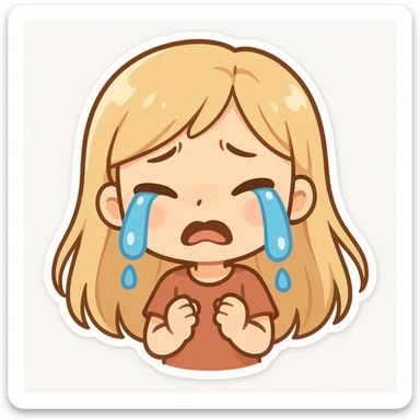 animated young girl with long blonde hair, sad and crying, blue cartoon tears, frown, plain white background, cute and expressive sticker
