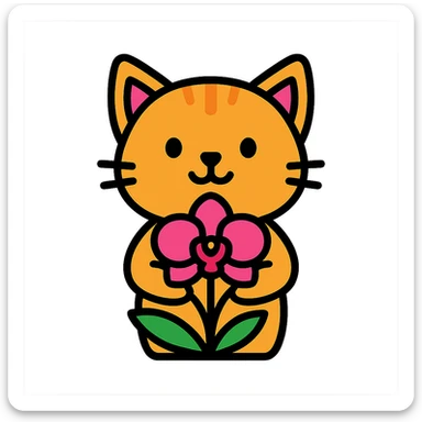 cat holding an orchid, lineal color icon with black outlines sticker