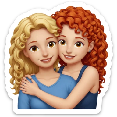 A woman with straight, blonde hair and a nose piercing and a woman with curly red hair and a nose piercing are hugging and smiling together. sticker
