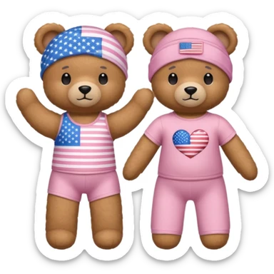 A light brown teddy bear wearing light pink clothes with a US flag print, and another with a Pilates band on its head and wearing sportswear. sticker
