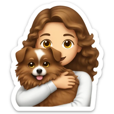 brown wavy haired girl hugging Pomeranian dog  sticker