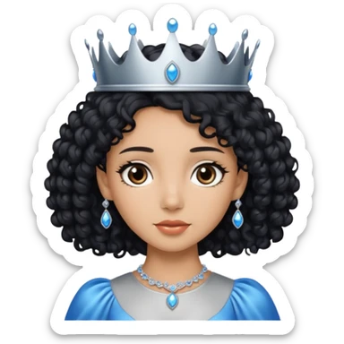 Por favor hazme el emoji de la princesa pero con piel canela con el pelo negro y rizado, los ojos marrones y la corona plateada con jollas azules sticker