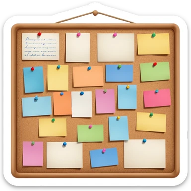 board with pinned photos and notes sticker