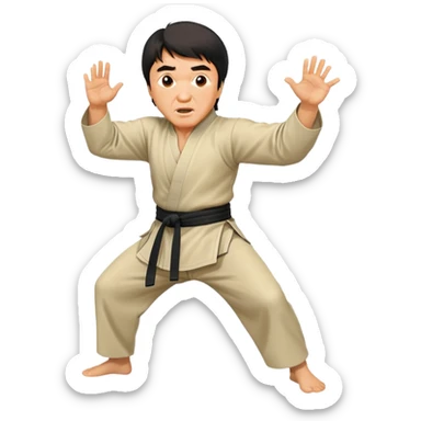 Jackie Chan in kung fu pose with his classic surprised expression, martial arts stance sticker