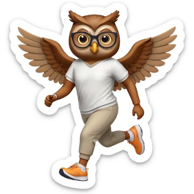 friendly anthropomorphised owl with visible wings, in pants and a shirt, wearing glasses, jogging upright, relaxed pose sticker