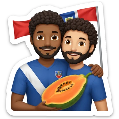 A very happy papaya hugging a medium dark skinned man with dark curly hair with a beard and Dominican flag behind them sticker
