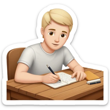 white man writing at a table sticker